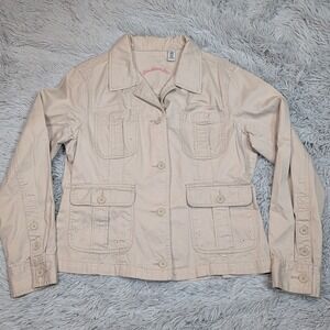 Caribbean Joe Jacket Womens L Beige Denim Button Up Safari Comfort Pockets